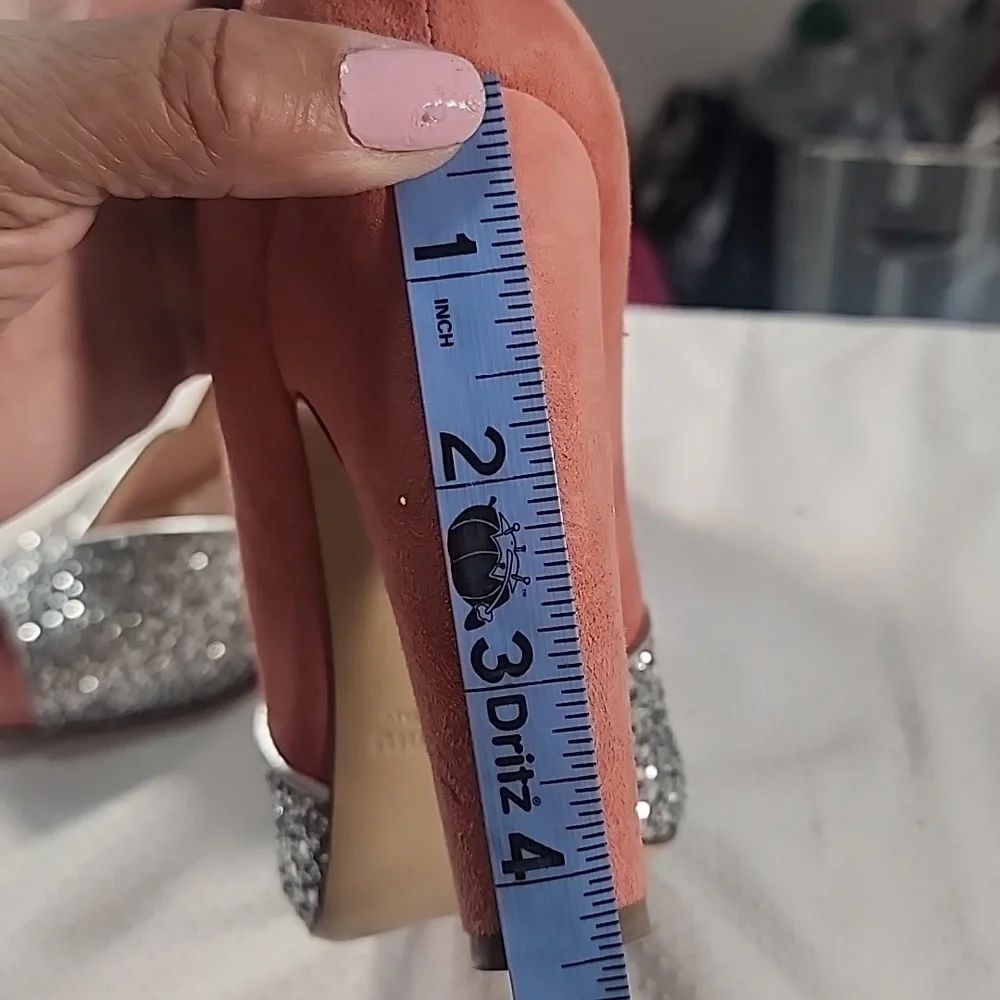Miu Miu Silver Coral Coarse Glittery and Suede Peep Toe Pumps Heels. 37 - Picture 11 of 13